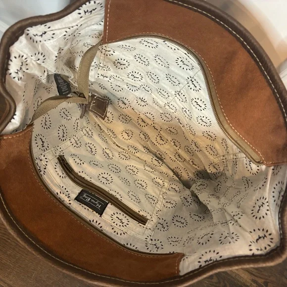 Myra Bag Brick Brown Leather Red Tan Embroidered Cotton Canvas Tote - Picture 8 of 11